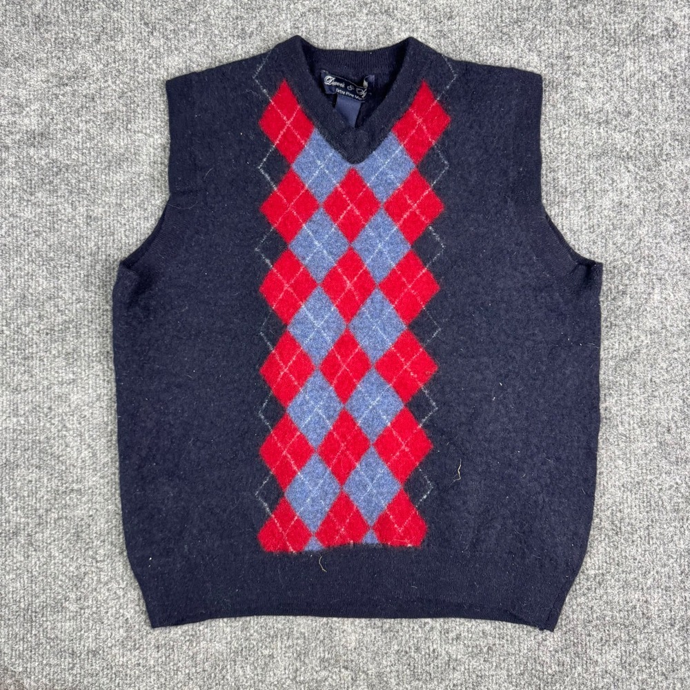 Davis & Squire Sweater Vest Mens Size L Navy Argyle Merino Wool V-Neck Preppy